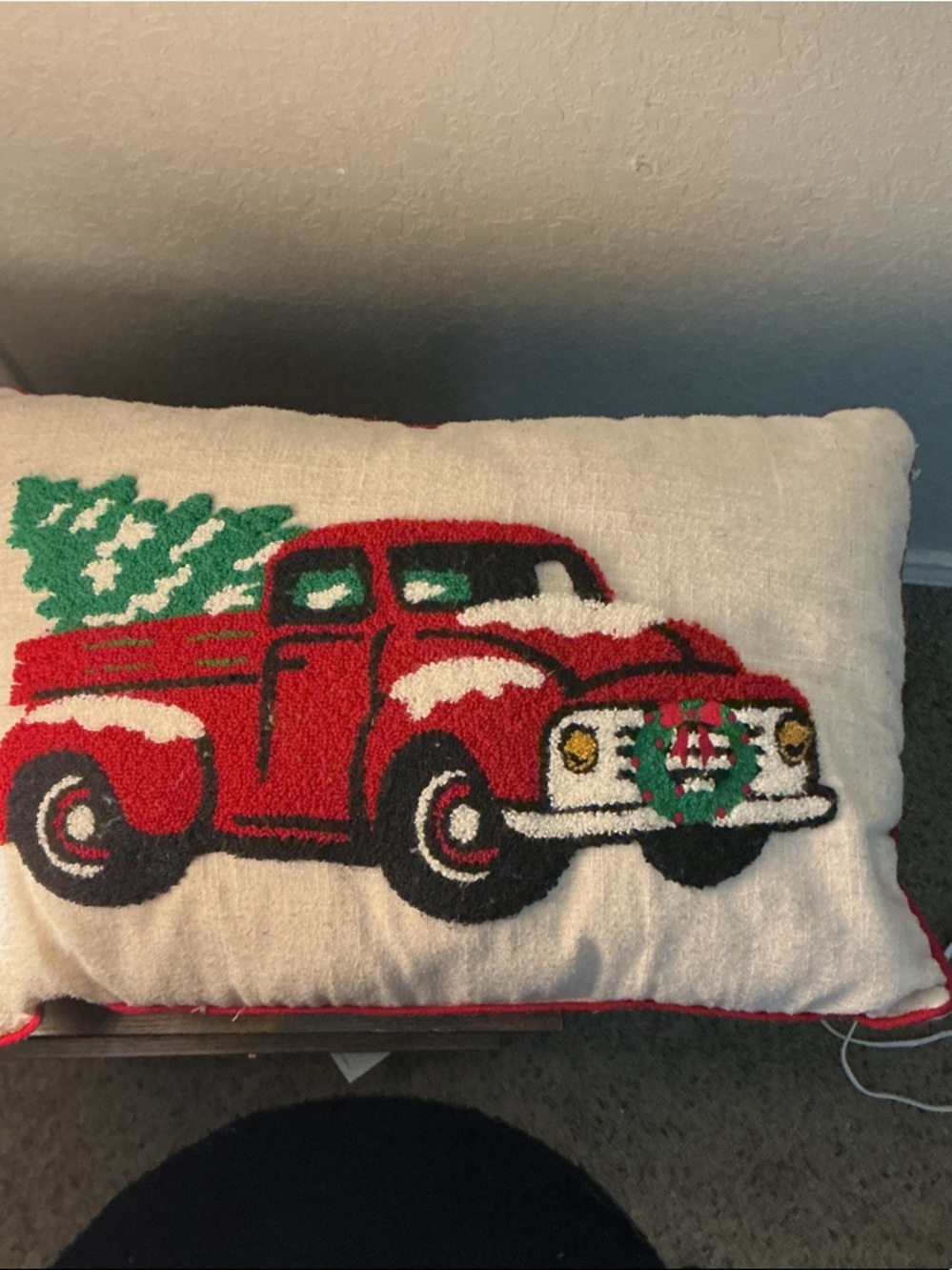 Red Vintage Truck Holiday Pillow with Green Wreath